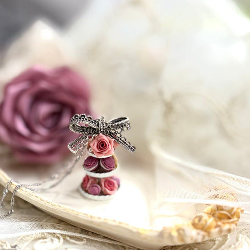 <03003>Afternoon tea stand necklace (Pink・Silver)