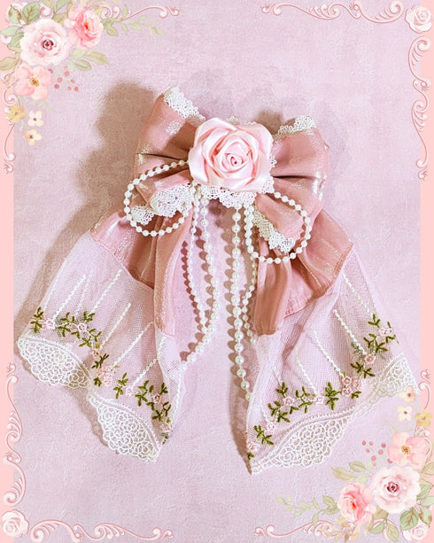 <03005>リボンローズ ブローチ&ヘアクリップ(ピンク)