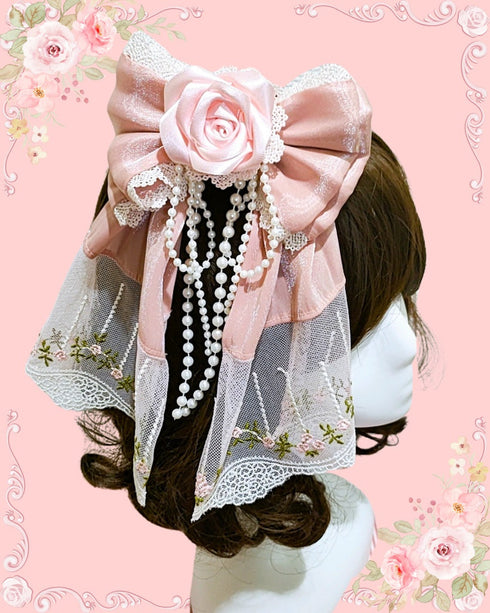 <03005>リボンローズ ブローチ&ヘアクリップ(ピンク)