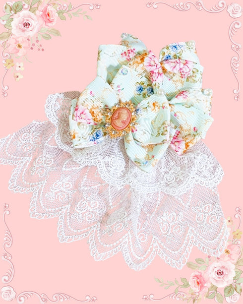 <03008>プリントリボン ブローチ&ヘアクリップ(ピンク&ブルーローズ×カメオ)