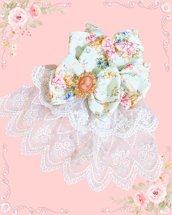 <03008>プリントリボン ブローチ&ヘアクリップ(ピンク&ブルーローズ×カメオ)