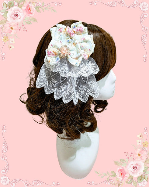 <03008>プリントリボン ブローチ&ヘアクリップ(ピンク&ブルーローズ×カメオ)