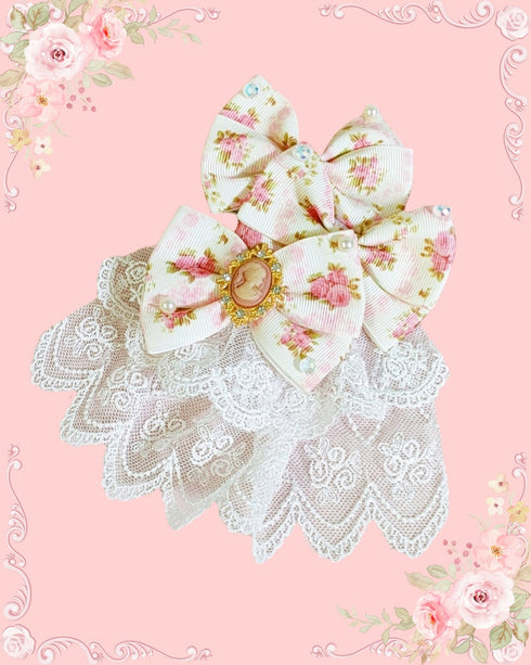 <03009>プリントリボン ブローチ&ヘアクリップ(ピンクローズ×カメオ)