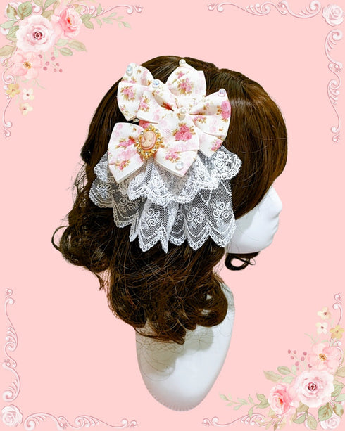 <03009>プリントリボン ブローチ&ヘアクリップ(ピンクローズ×カメオ)