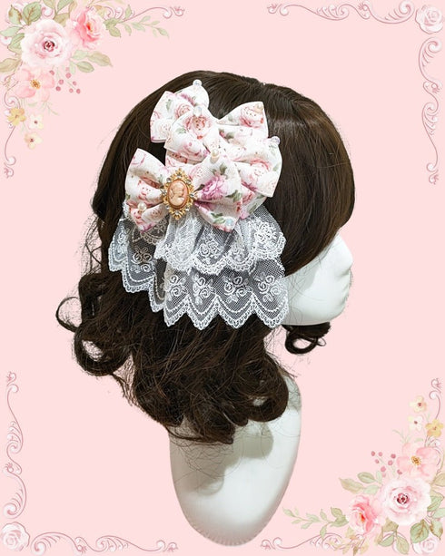 <03010>プリントリボン ブローチ&ヘアクリップ(ピンクアンティークローズ×カメオ)