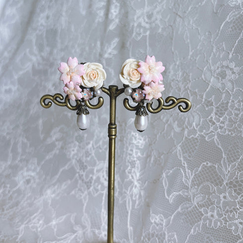 <05011>SAKURA collage clip earrings