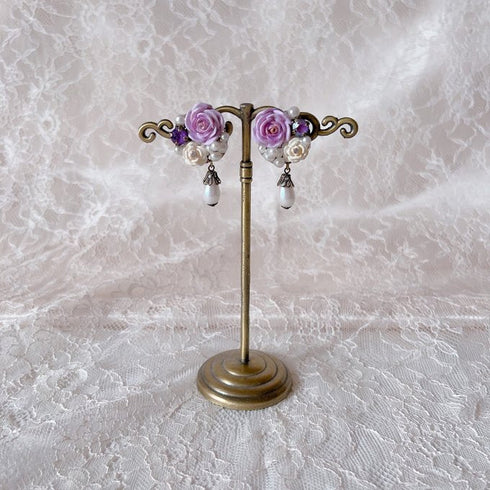 <05014>Lavender rose collage pierced earrings