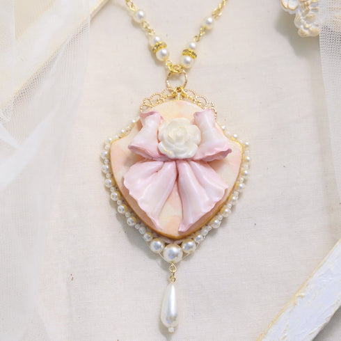 <06001>Ribbon and Rose Necklace, Pink