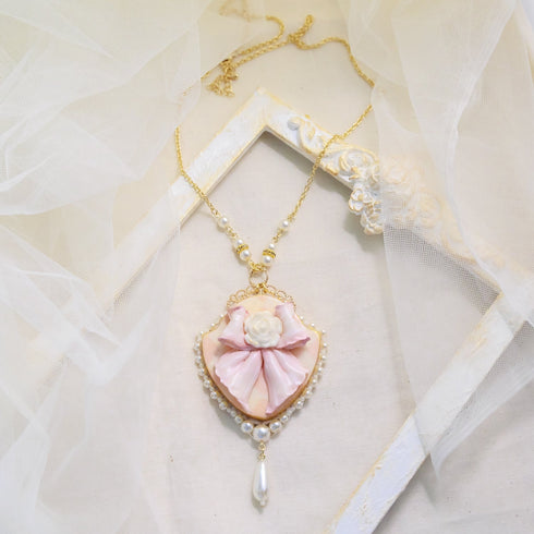 <06001>Ribbon and Rose Necklace, Pink