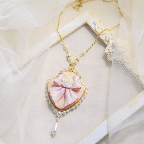 <06001>Ribbon and Rose Necklace, Pink
