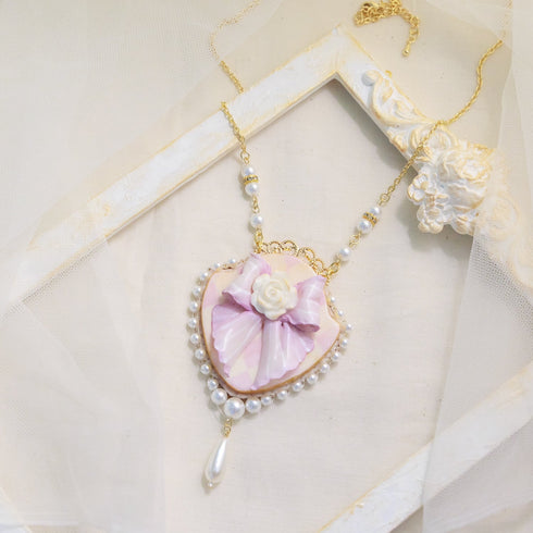 <06002>Ribbon and Rose Necklace, Lavender