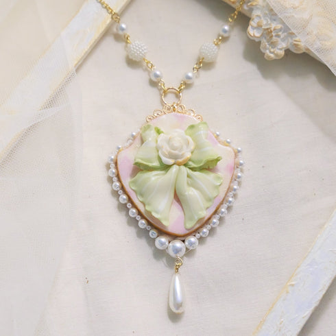 <06004>Ribbon and Rose Necklace, Mint Green