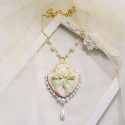 <06004>Ribbon and Rose Necklace, Mint Green