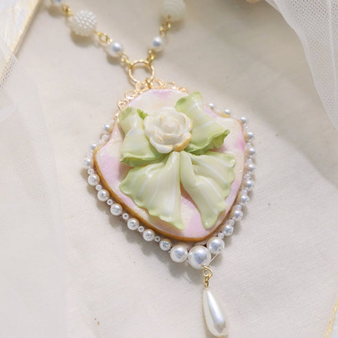<06004>Ribbon and Rose Necklace, Mint Green