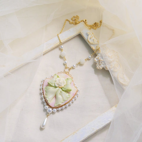<06004>Ribbon and Rose Necklace, Mint Green