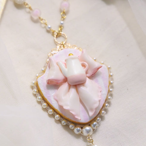 <06005>Ribbon and Teapot Necklace, Pink