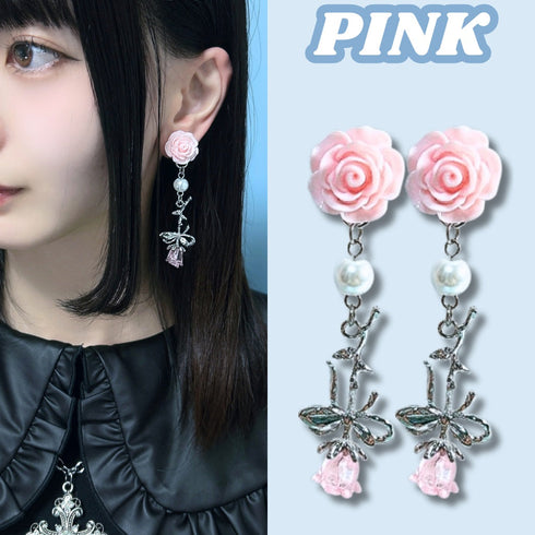 <06049>薔薇とリボンのロングピアス(ピンク)