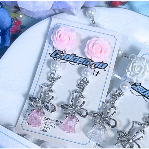 <06049>薔薇とリボンのロングピアス(ピンク)
