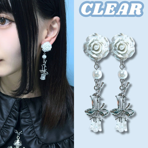 <06051>薔薇とリボンのロングピアス(クリア)