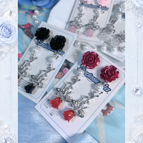 <06053>薔薇とリボンのロングピアス(ブラック)