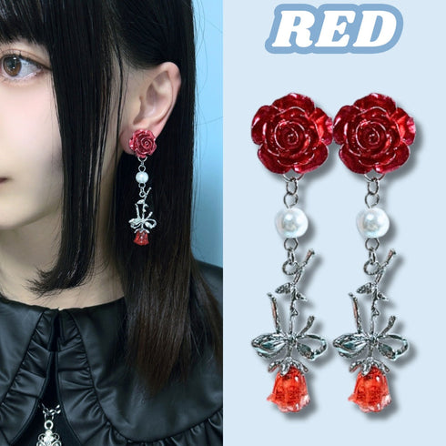 <06055>薔薇とリボンのロングピアス(レッド)