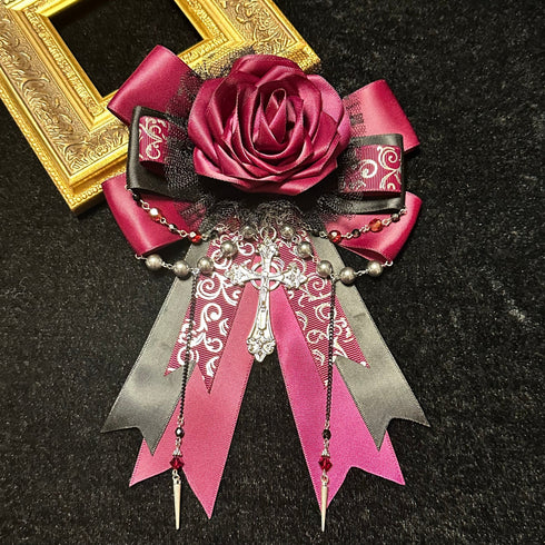 <07001>Bordeaux Gothic Lolita Rose Brooch & Hair Clip with Removable Clip