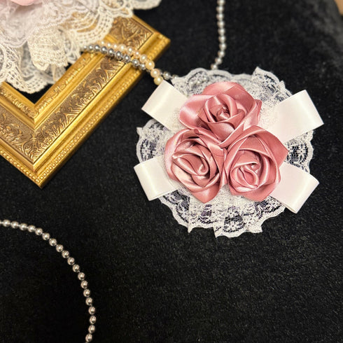 <07011>Pink Round Lace Rosette Clip