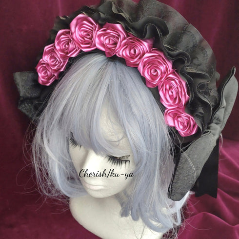 <08002>薔薇のヘッドドレス(黒xピンク)