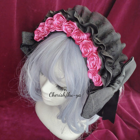 <08002>薔薇のヘッドドレス(黒xピンク)