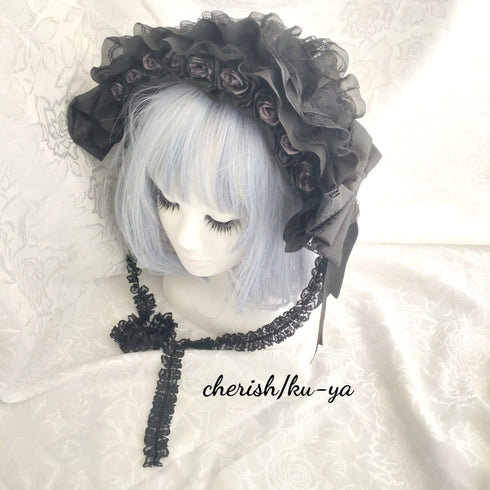 <08019>薔薇のヘッドドレス3way(グレー)