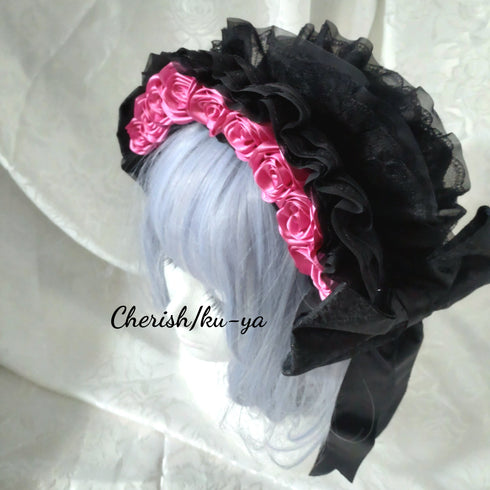 <08032>Rose headpiece Black x Pink
