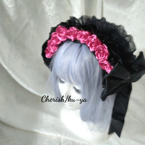 <08032>Rose headpiece Black x Pink
