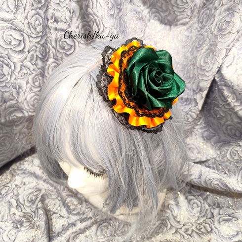 <08040>暗闇のハロウィンローズヘアクリップ(緑xオレンジ)