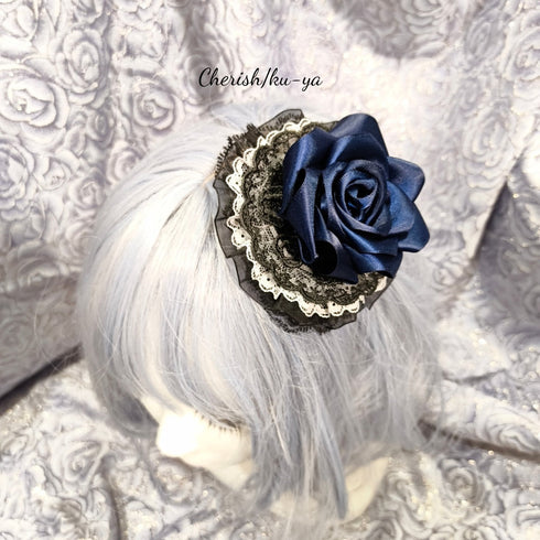<08041>暗闇のハロウィンローズヘアクリップ(ネイビーx黒)