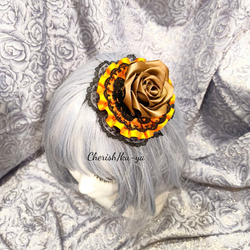 <08042>暗闇のハロウィンローズヘアクリップ(ミルクティーxオレンジ)