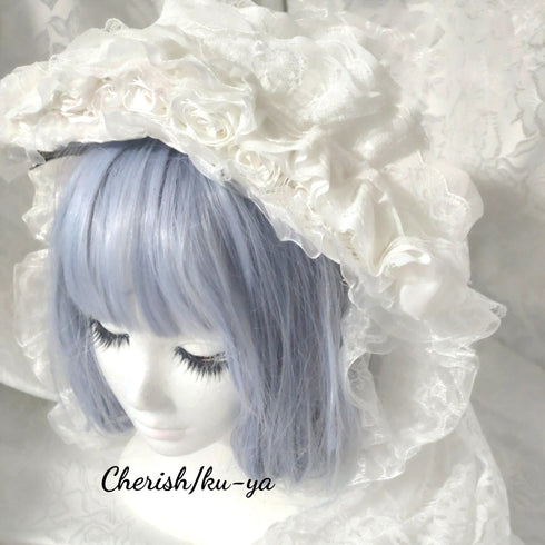 <08044>Rose Bride's Headpiece Veil Up White
