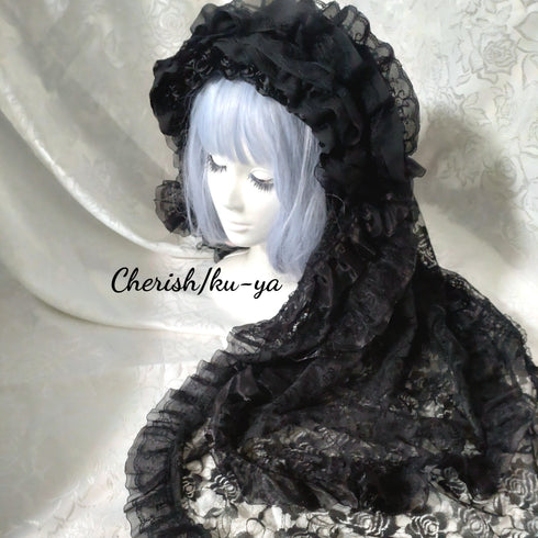 <08047>Rose Bride's Headpiece Veil Up Black