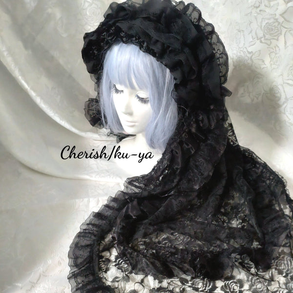 <08047>Rose Bride's Headpiece Veil Up Black