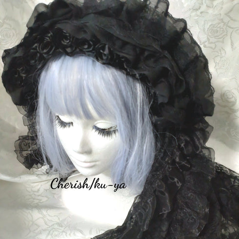 <08047>Rose Bride's Headpiece Veil Up Black