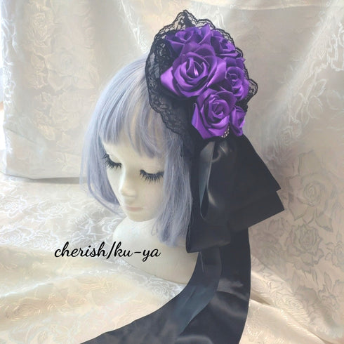 <08053>薔薇のヘアクリップ(黒x紫)