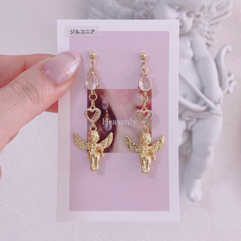 <09001>Heart and gold angel Earrings