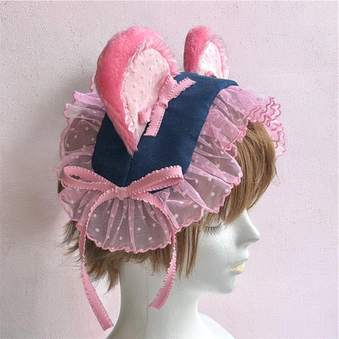 <09004>デニムのくま耳ヘッドドレス ピンク
