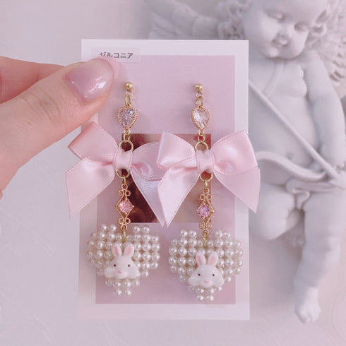 <09010>Heart Pearl Rabbit Earrings