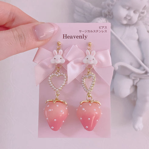 <09017>Rabbit Earrings Pink Strawberry
