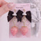 <09020>Rabbit Earrings Black Ribbon × Pink Strawberry