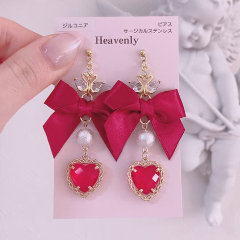 <09027>Red ribbon and swan Earrings