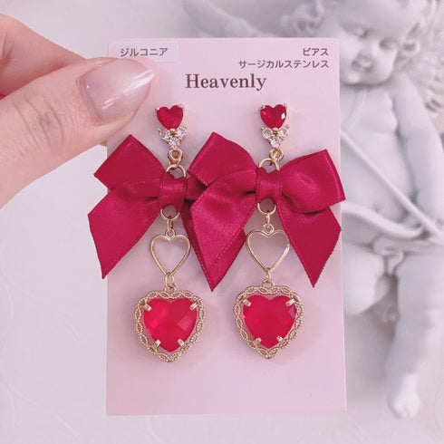 <09028>Red ribbon and Heart Earrings