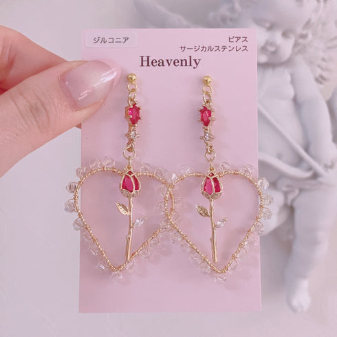 <09029>A rose in a heart Earrings