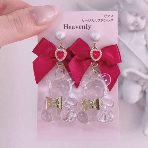<09035>Clear Bear Earrings(Red)
