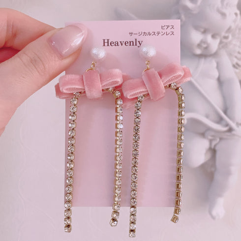 <09040>Velvet Ribbon Earrings Pink
